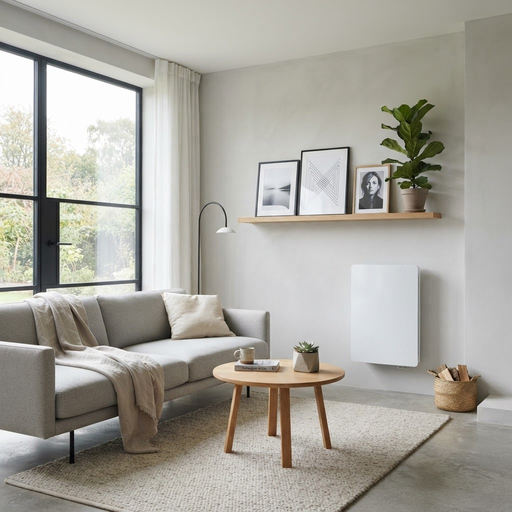 Modernes, helles Wohnzimmer mit Heizungssystem
